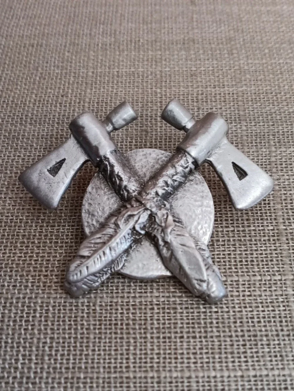 Silver Pewter Tomahawk and Feather Bolo Tie Center No Cord Vintage 1995
